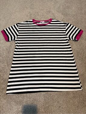 Striped Asymmetrical Women’s Dress with Pink Trim